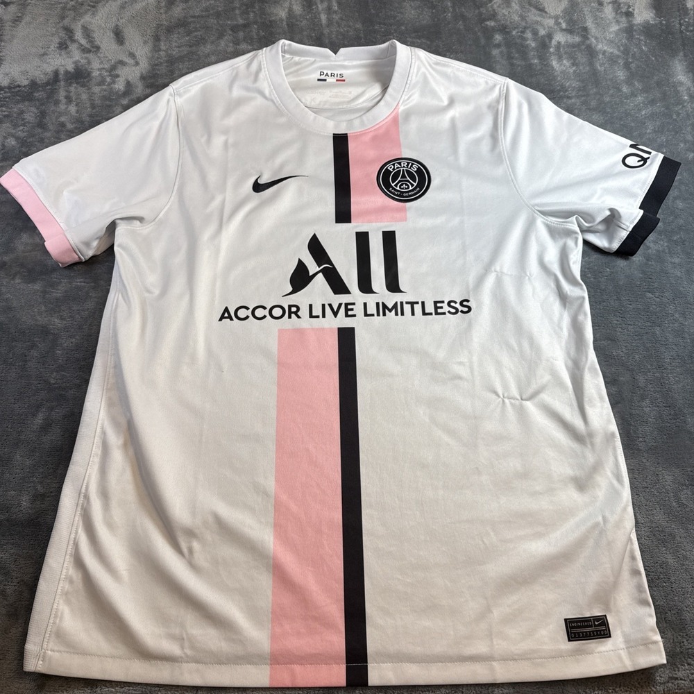 Nike Paris Saint Germain 2021 2022 Away Soccer Jersey Mens XL Pink Black Stripe